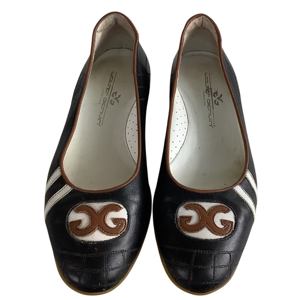 Walter Genuin Italian Black Leather Quilted Ballet Flats Logo Shoes Size 39